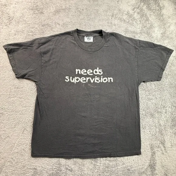 Lee Total Cotton Needs Supervision Vintage Tee Mens XL Black Graphic T-Shirt - Picture 1 of 5
